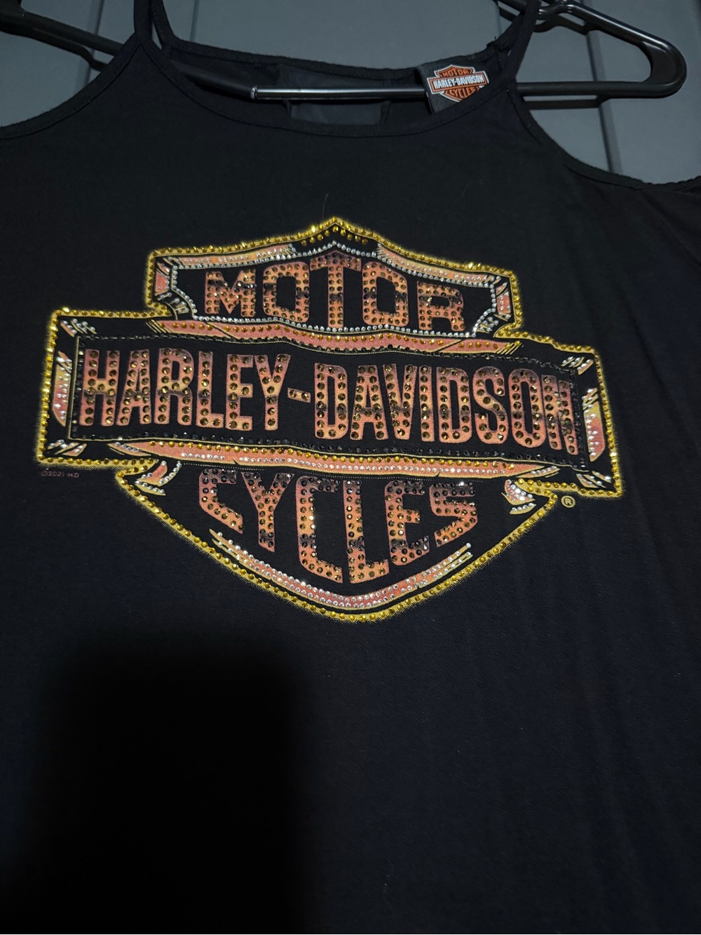 Harley-Davidson Black Tank with Gold and Copper Rhinestone Logo